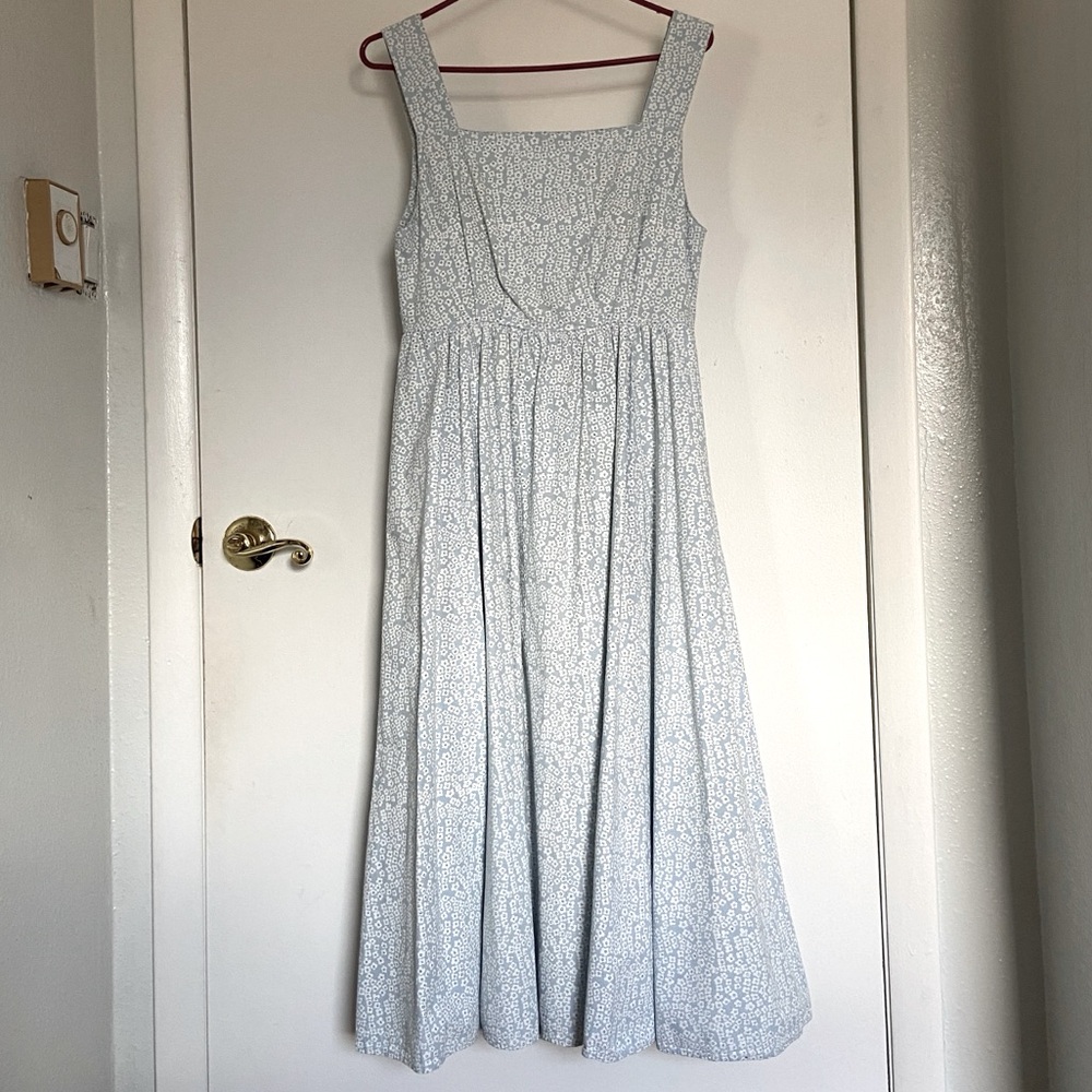 Vintage light Blue Floral A-line Square-Neck Midi Dress